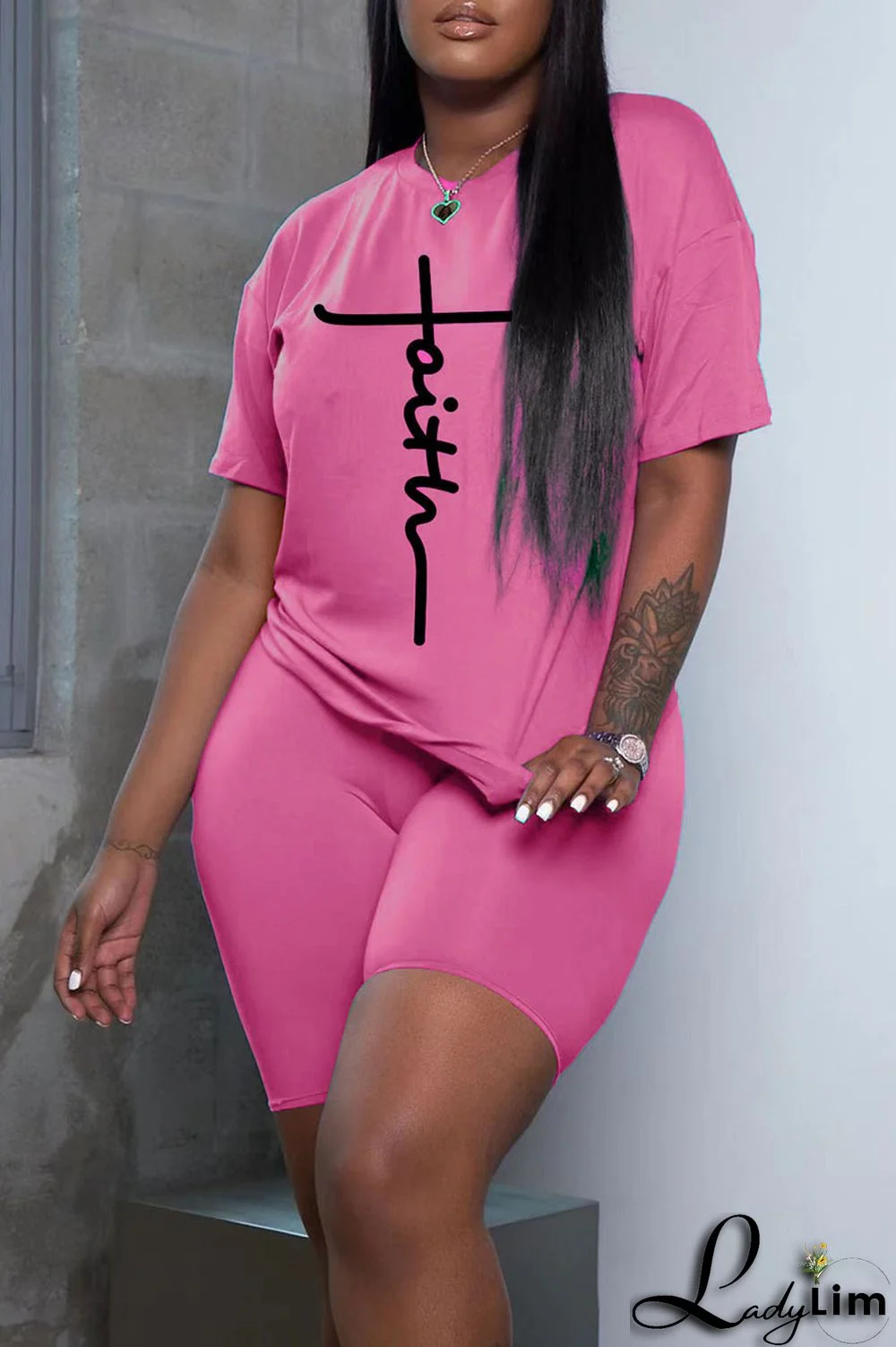 Grey Casual Print Split Joint O Neck Short Sleeve Two Pieces