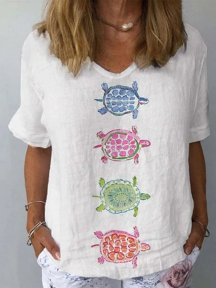 Women's Turtle Watercolor Pattern Print Cotton And Linen Top