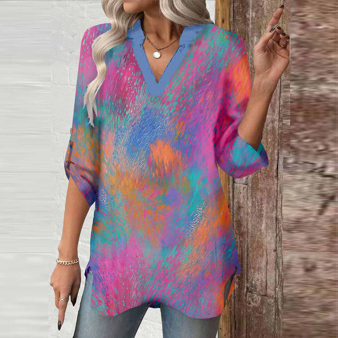 Women Tie-Dyed, Red DZGA0353 3/4 Sleeve V-neck Printed Graphic Button Tops