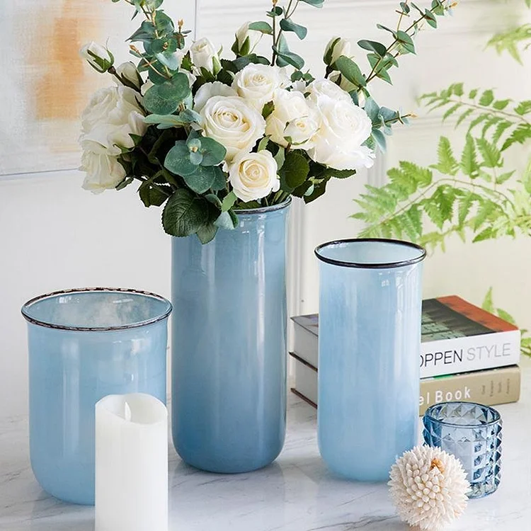 Nordic Modern Style Transparent Glass Blue Vases Cylinder Decorative Flower Vases - Appledas