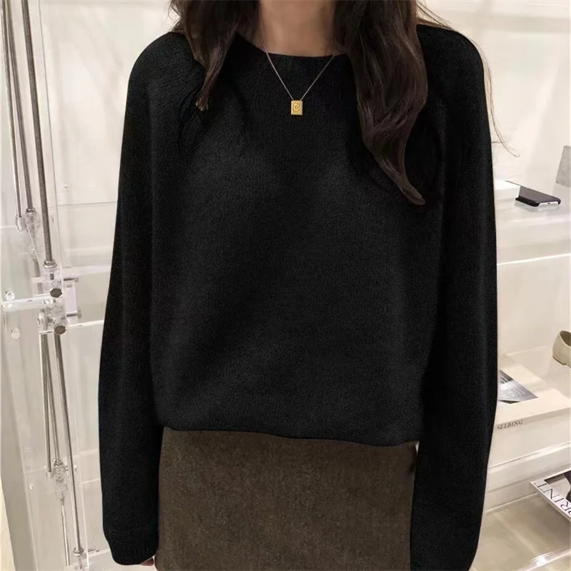 Churchf Churchf New 2023 Autumn And Winter Pure Color Shows Thin Knit Bottom Shirt Soft Wind Soft Round Collar Jacket Versatile Loose Sweater