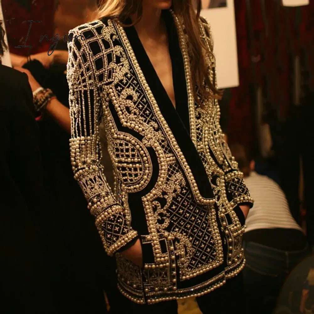 Ingvn - New Beaded Geometric Autumn Winter Long Sleeves V - Neck Vintage Ladies Outwear Vintage
