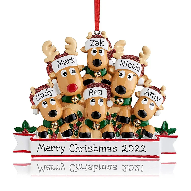 Ornement de sapin de Noël personnalisé avec 6 rennes Cerf mignon dans un chapeau de père Noël à paillettes