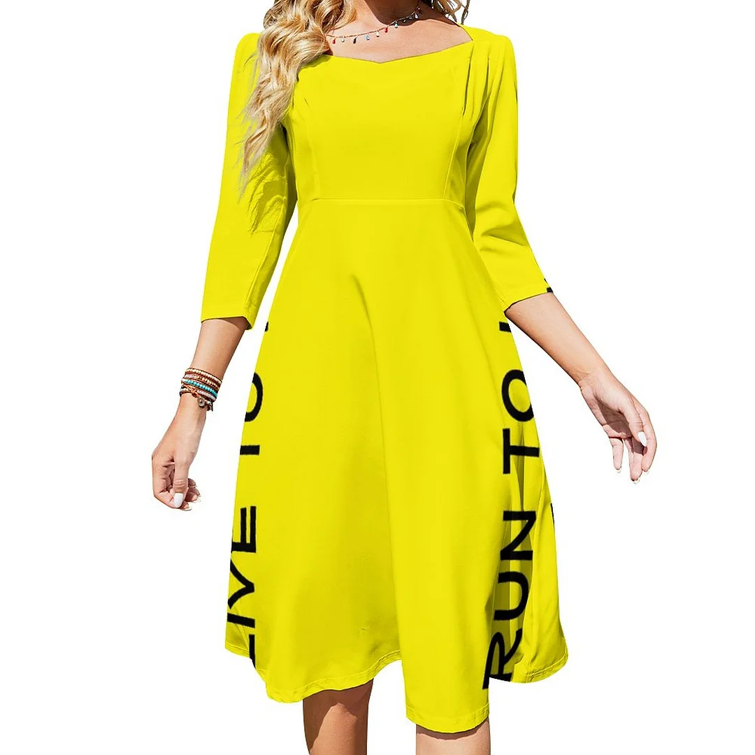 Live To Run Run To Live Yellow High Vis Running Dress Sweetheart Tie Back Flared 3/4 Sleeve Midi Dresses