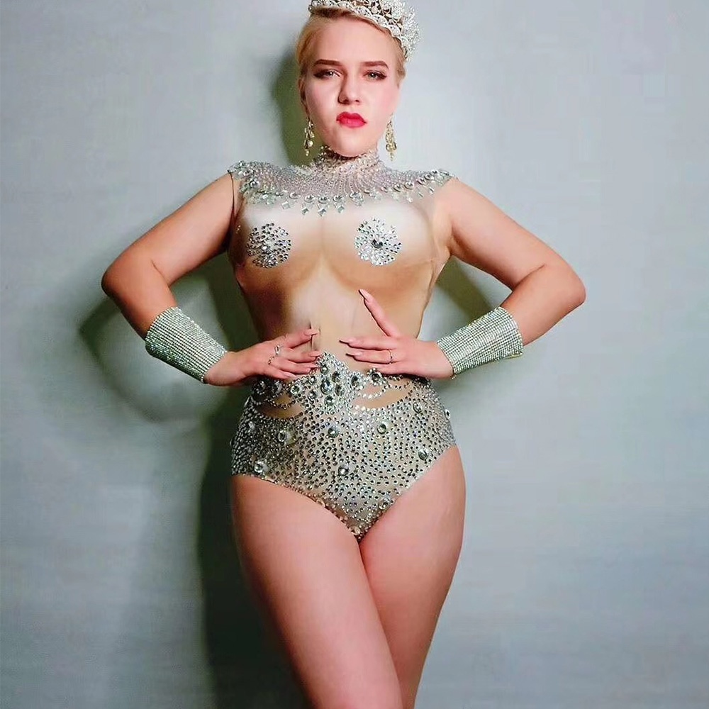 GOOSHOE Rhinestones Stretch Bodysuit Nude Crystals Leotard Stage Costumes