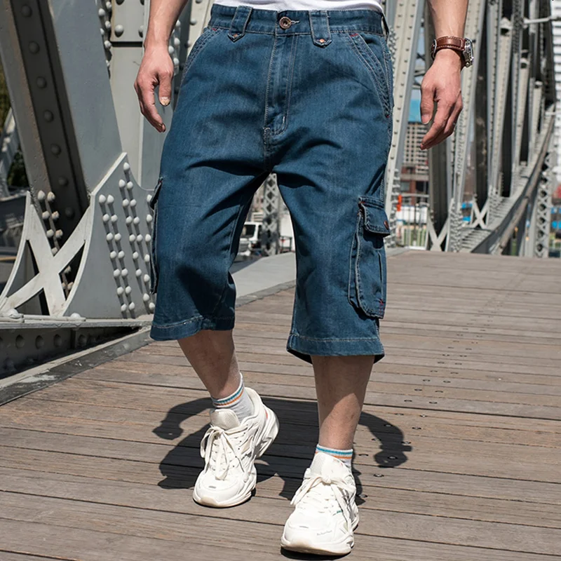 Men's Thin Denim Multi-pocket Oversized Capri Pants