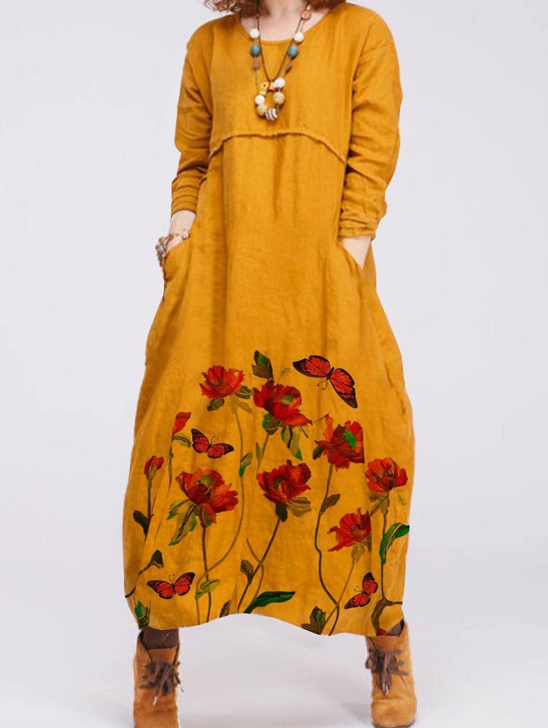 UR Floral Print Panel Loose Midi Dress