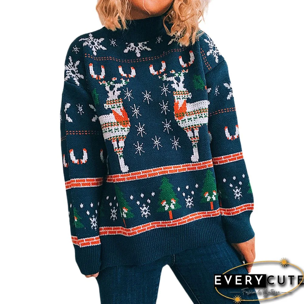 Navy Blue Christma Tree Deer Snowflake Print Knit Pullover