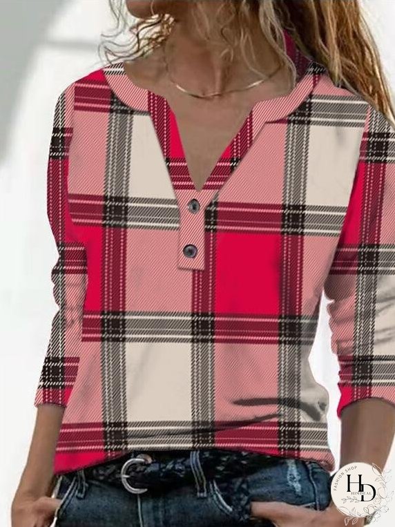 Vintage Check Print V-Neck Button Long Sleeve T-Shirt
