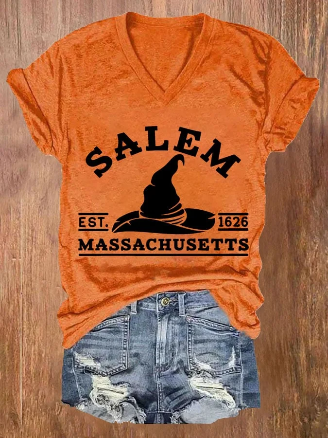 Women's Salem Massachusetts Print Casual V Neck T-shirt