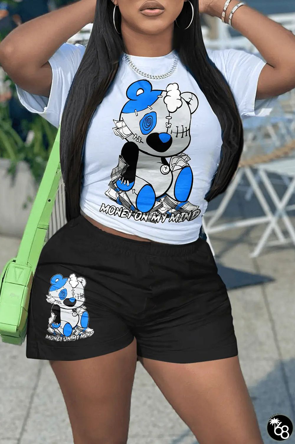 White Black Casual Print Patchwork O Neck Short Sleeve Two Pieces | 168DEAL