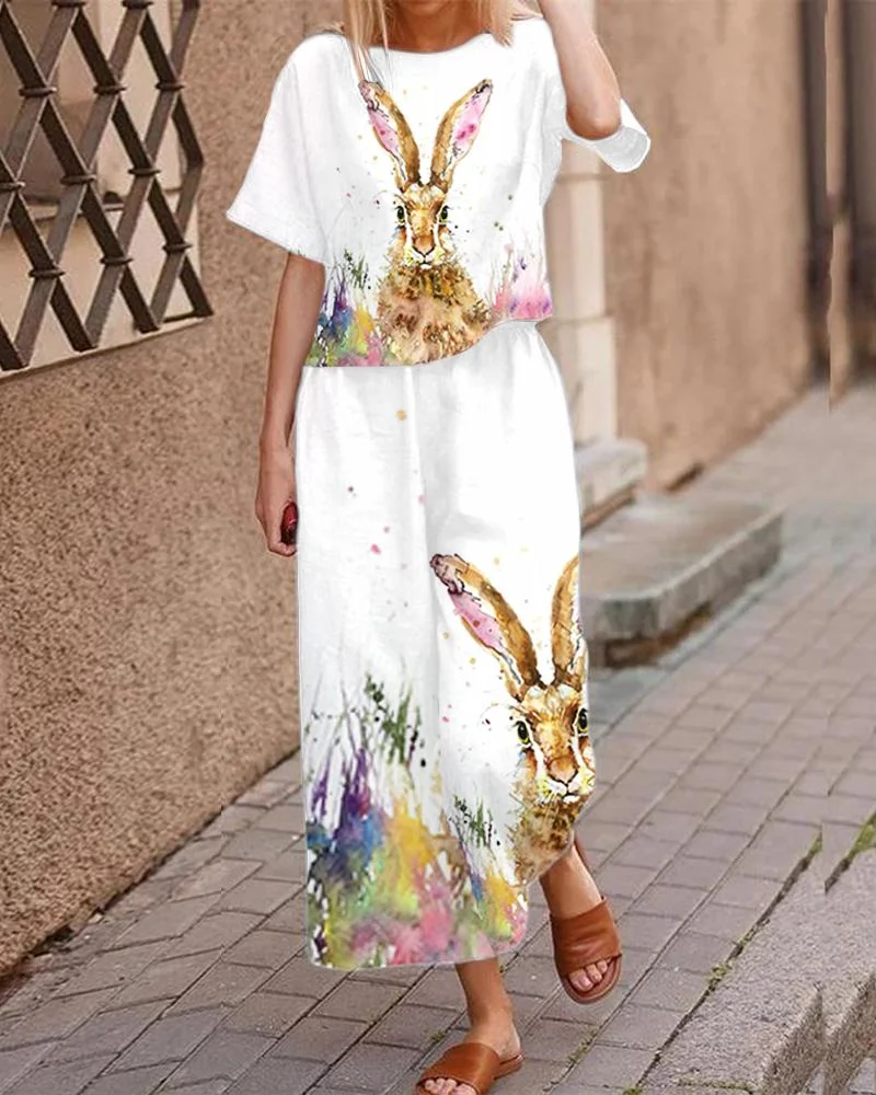 Casual Short Sleeve Easter Print Suit