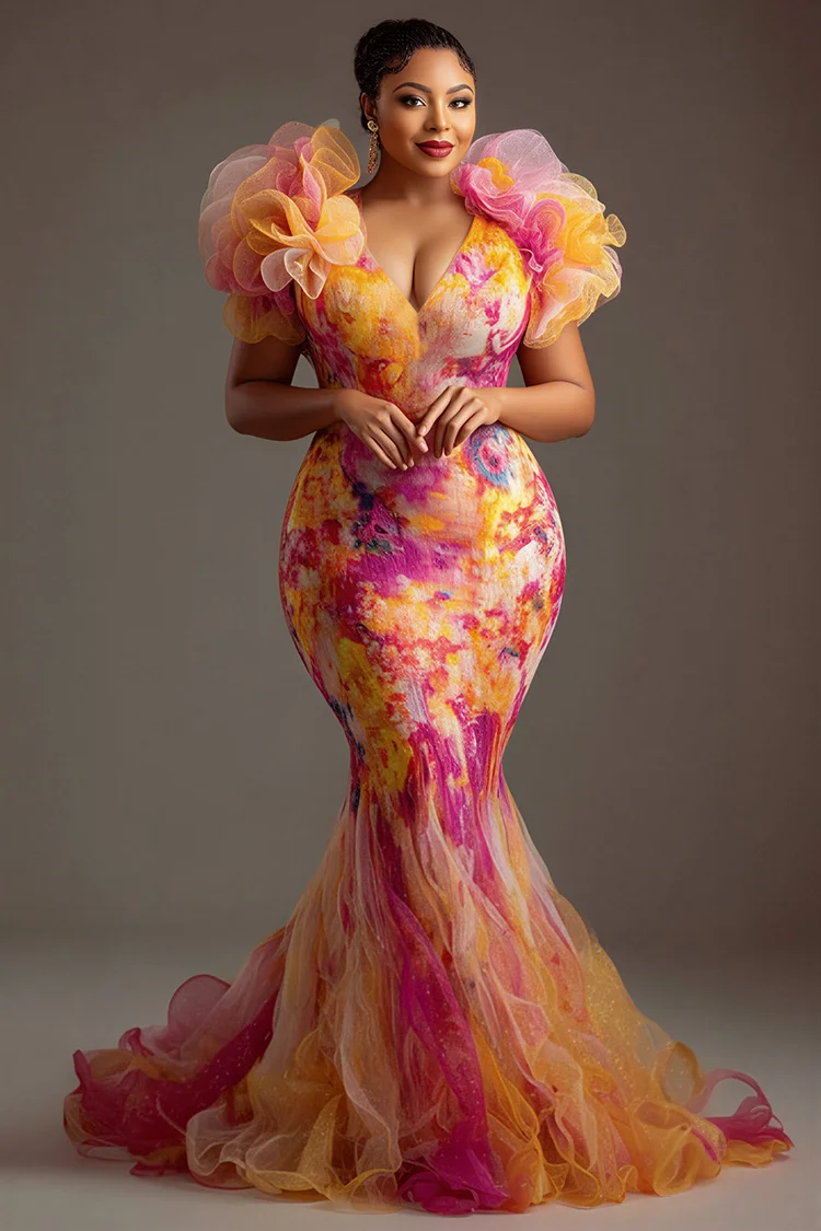 Xpluswear Design Plus Size Formal Multicolor Gradient V Neck Flutter Sleeve Mermaid Ruffle Tulle Maxi Dresses [Pre-Order] 2024 - Xpluswear