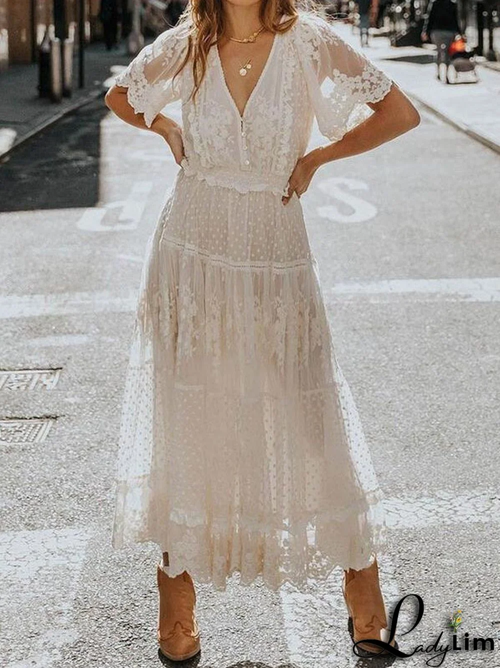 Women's Short Sleeve V-neck Lace Maxi Dress