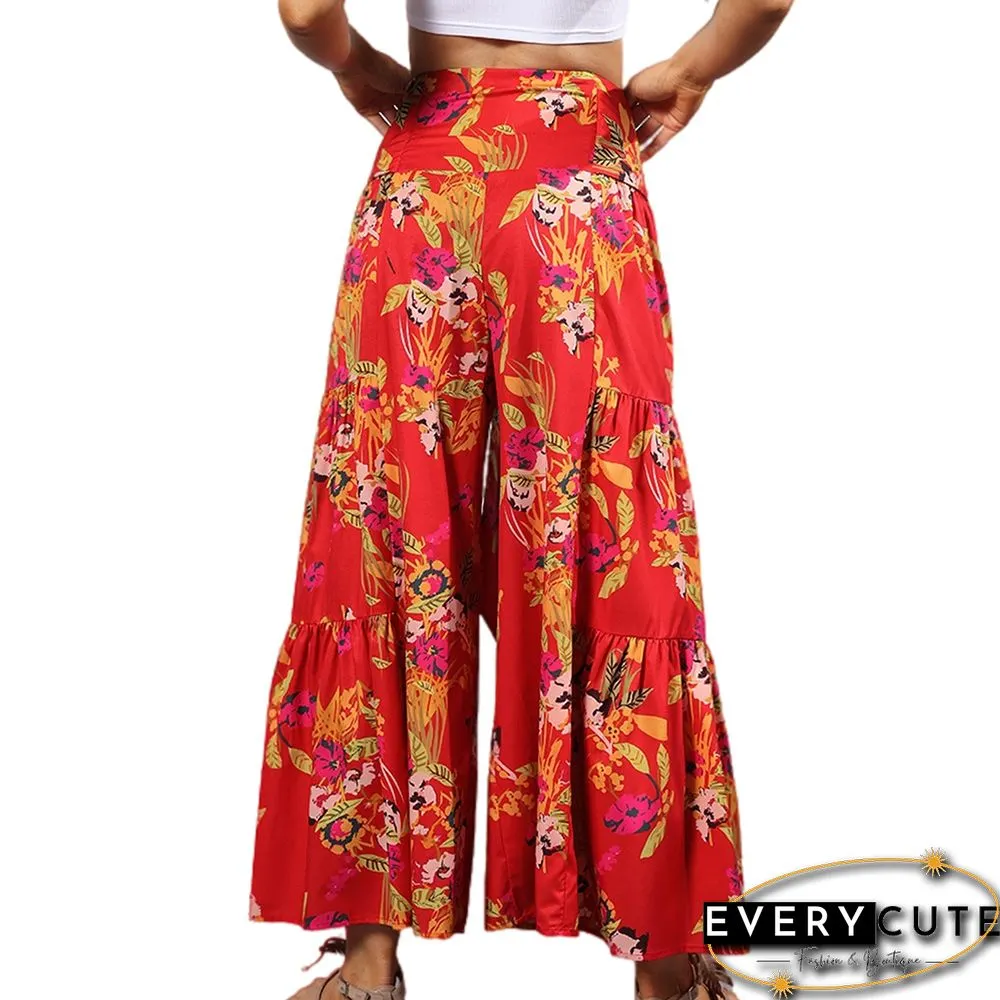 Red Digital Print Cropped Wide Leg Boho Pants with Tie