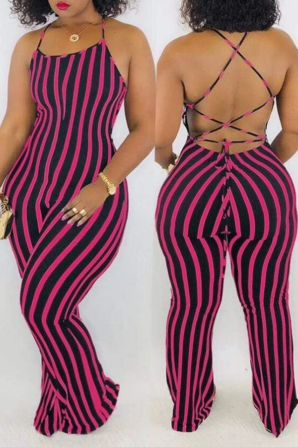 Sexy Striped Lace-up Hollow-out One-piece Jumpsuit(With Elastic)