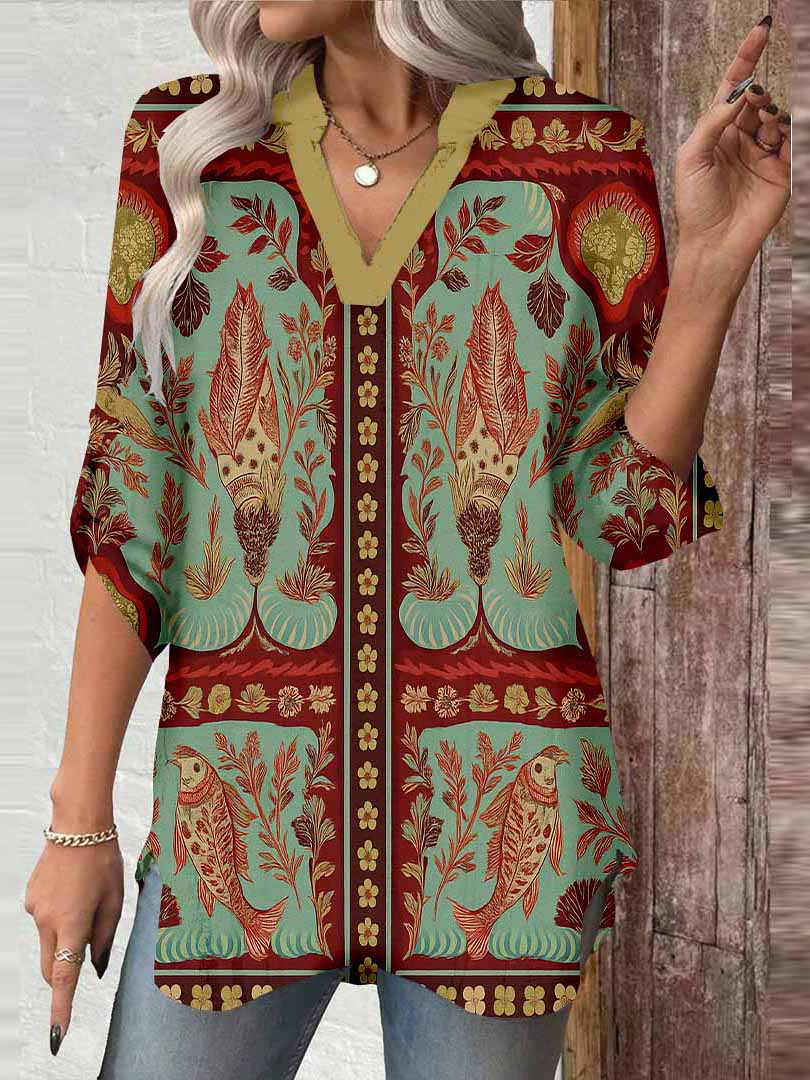 Women Tropical, Red, Green DZGA0083 3/4 Sleeve V-neck Printed Graphic Button Tops