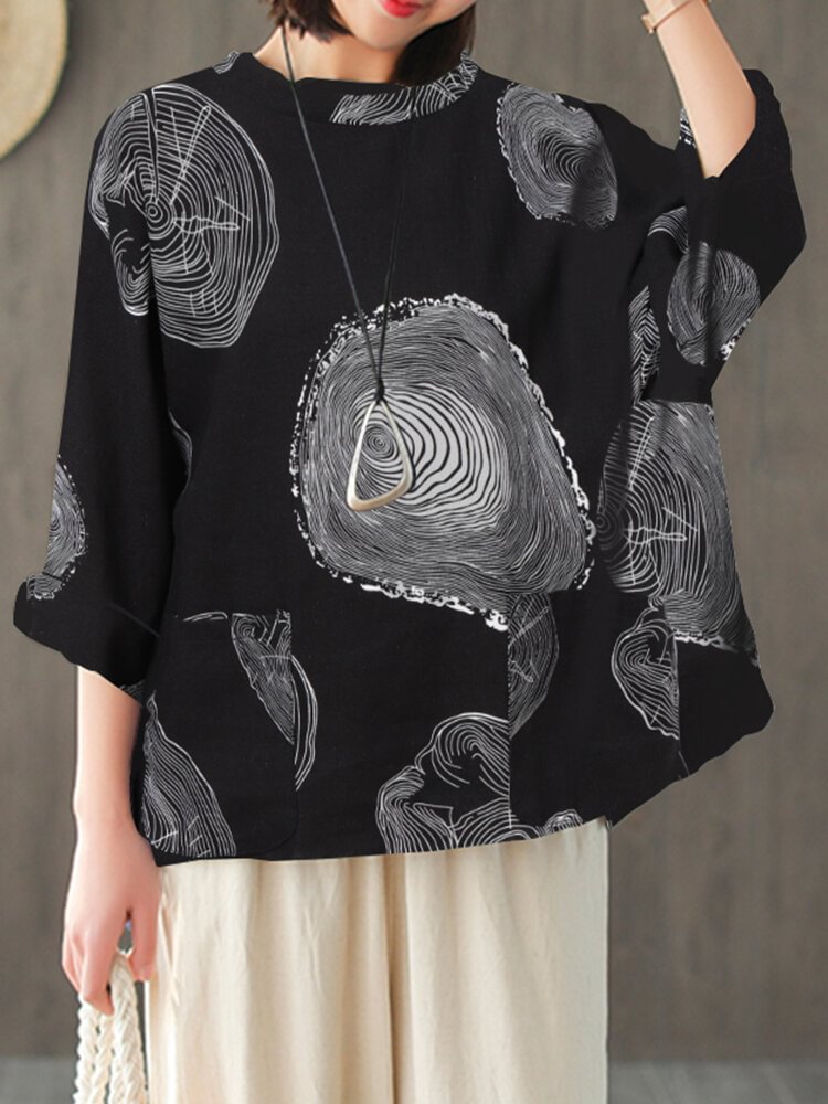 Casual Printed Pockets O neck Long Sleeve Cotton Blouse P1731581
