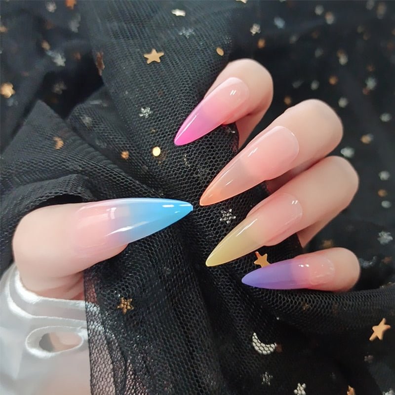 Long Stiletto Fake Nails Rainbow Color Full Cover False Nails with Sticker Nail Decoration Artificial Nail Art Tips Faux Ongles