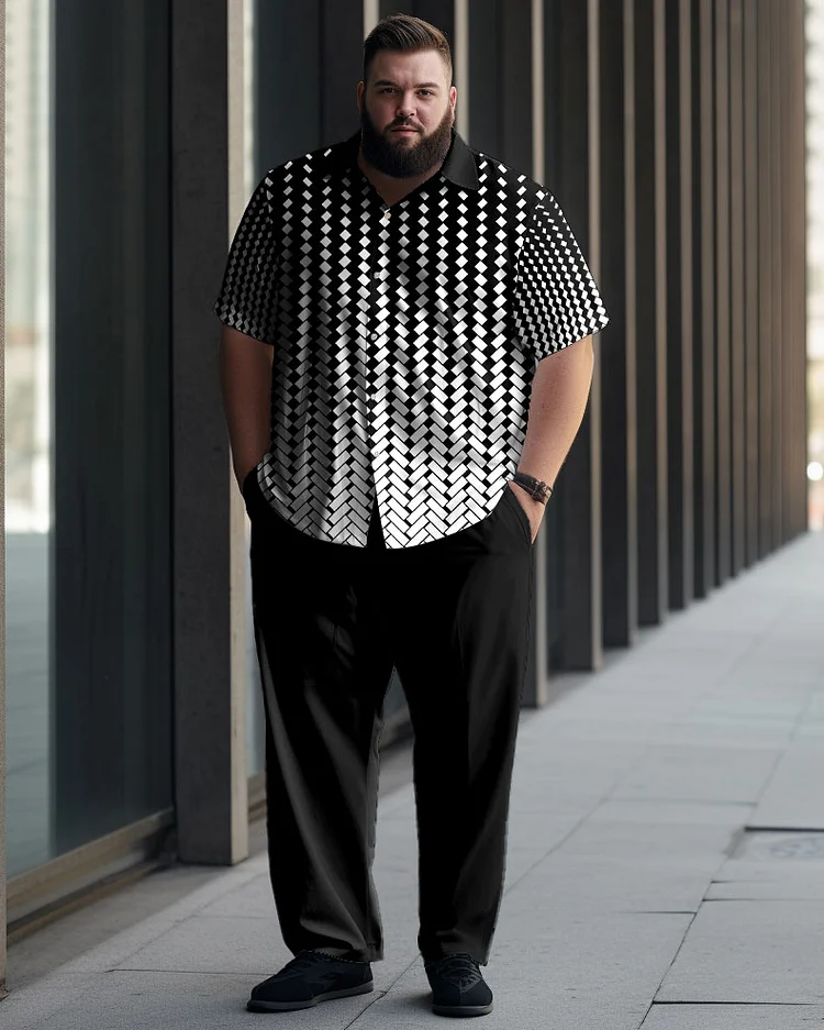 Men's Black Check Plus Size Gradient Short Sleeve Walking Suit