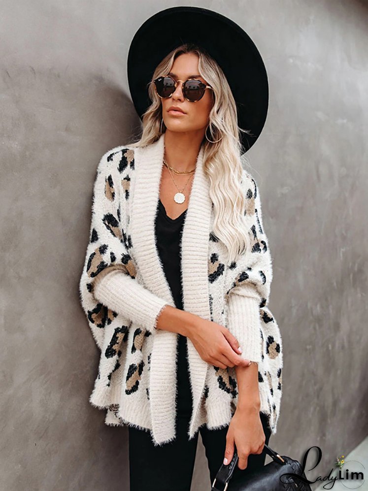 Trendy Leopard Print Bohemian Slim Dolman Sleeve Oversized Sweater Cardigan