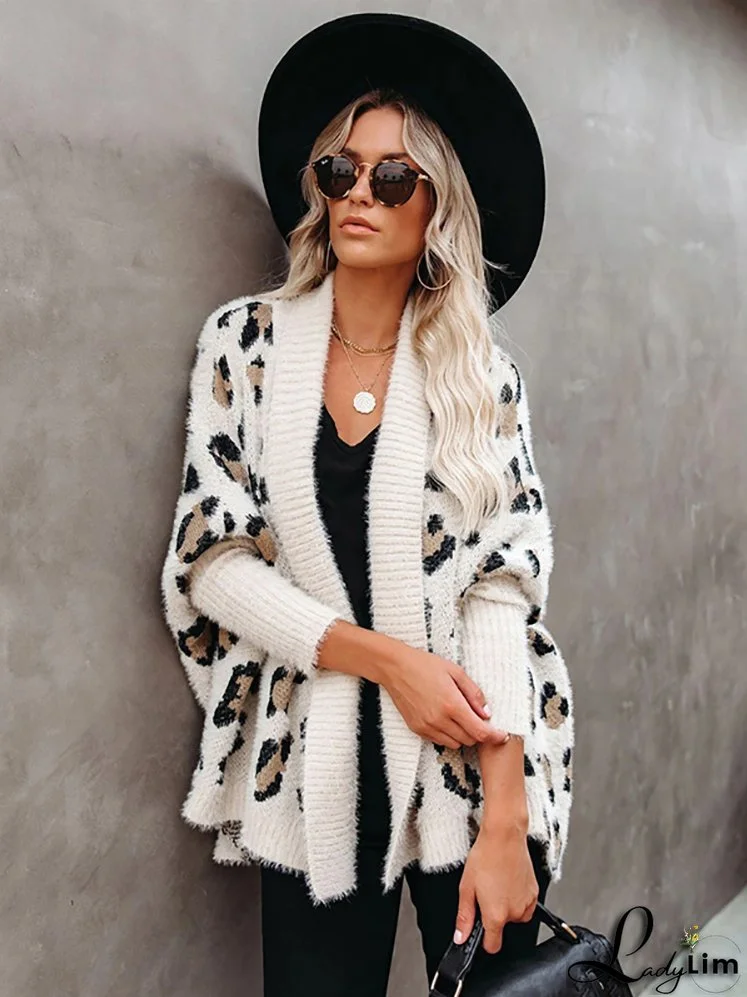 Trendy Leopard Print Bohemian Slim Dolman Sleeve Oversized Sweater Cardigan