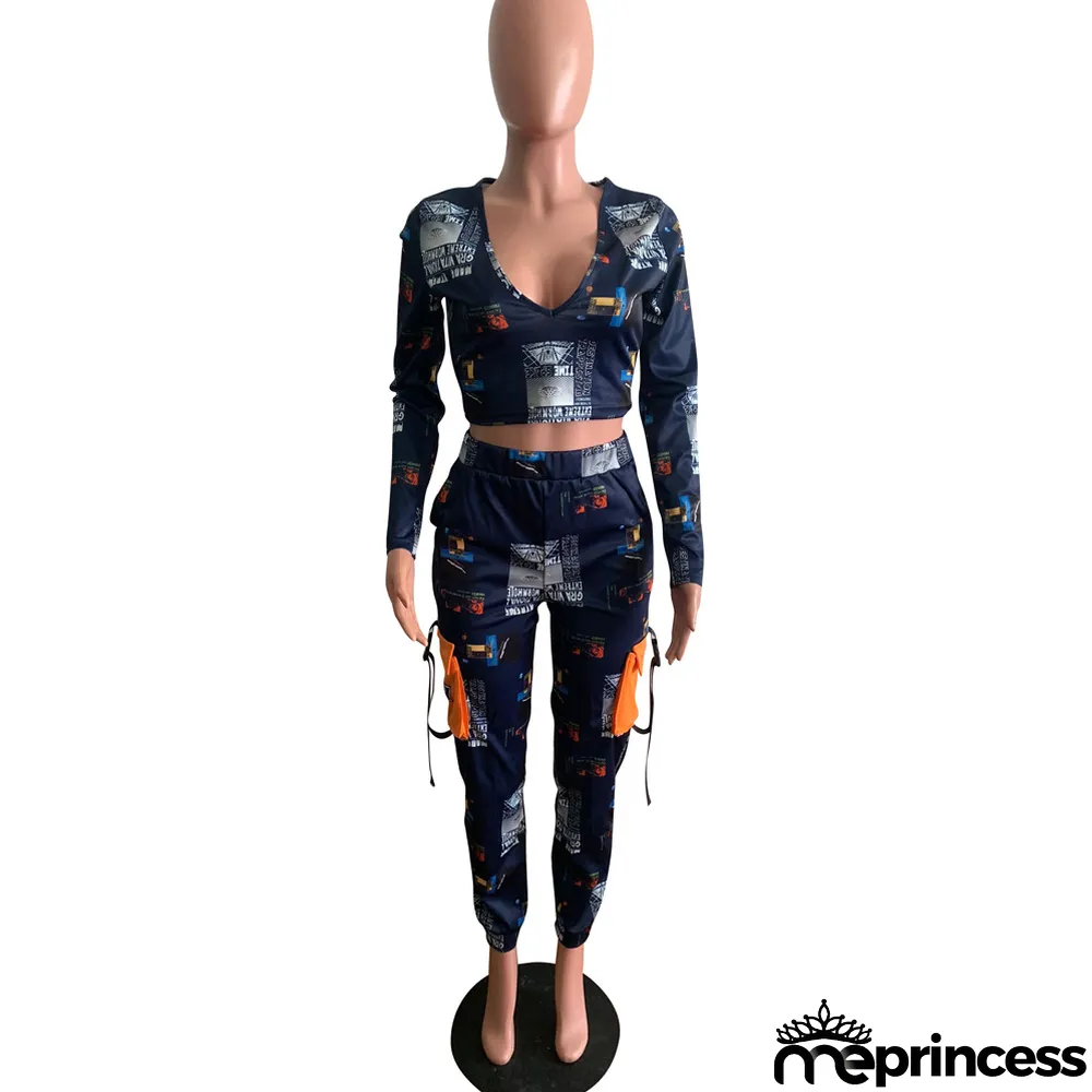 Womens Sexy Letter Print Long Sleeve Top and Pant Two Piece Set