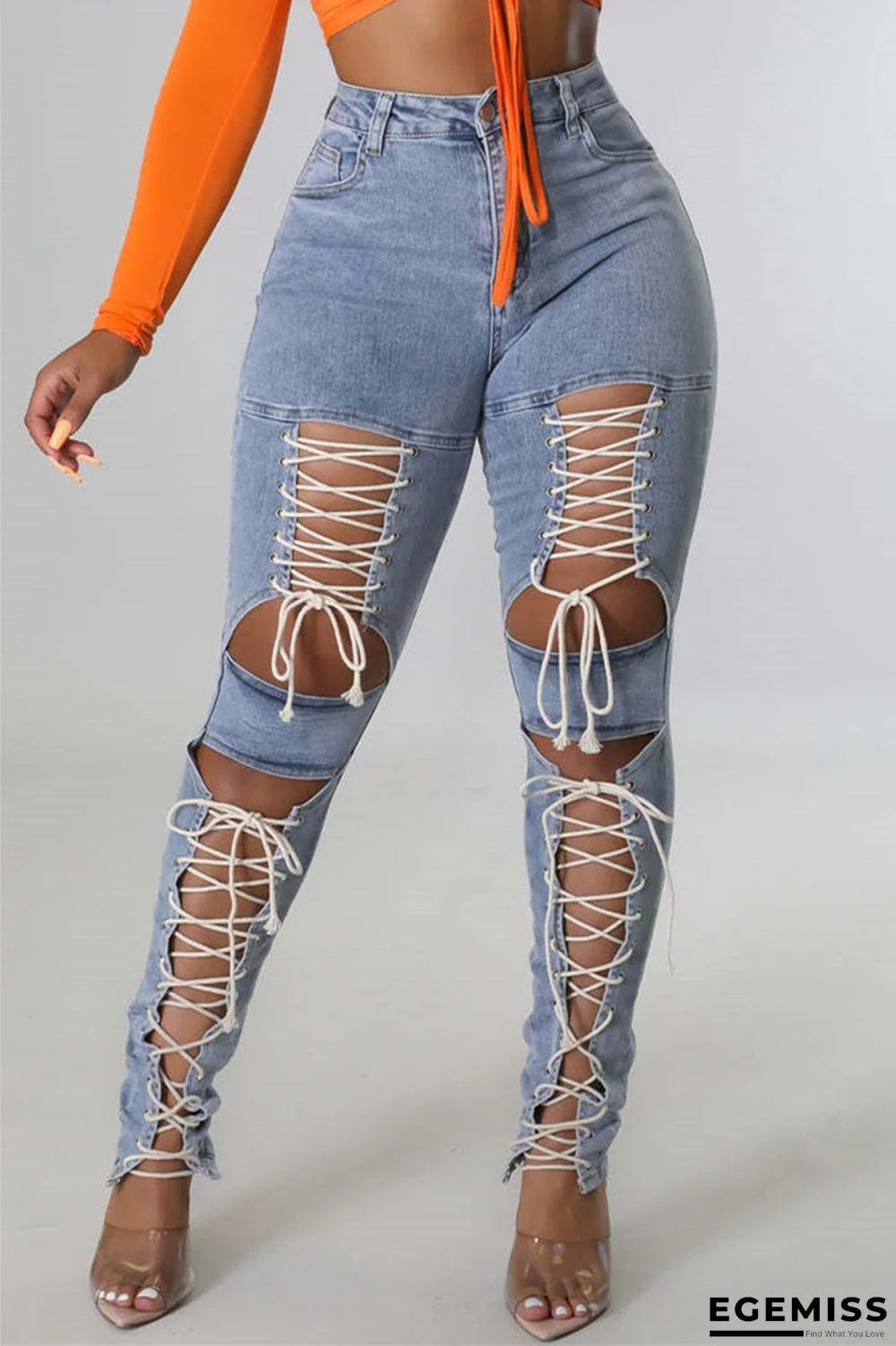Blue Fashion Casual Solid Bandage Hollowed Out High Waist Skinny Denim Jeans | EGEMISS