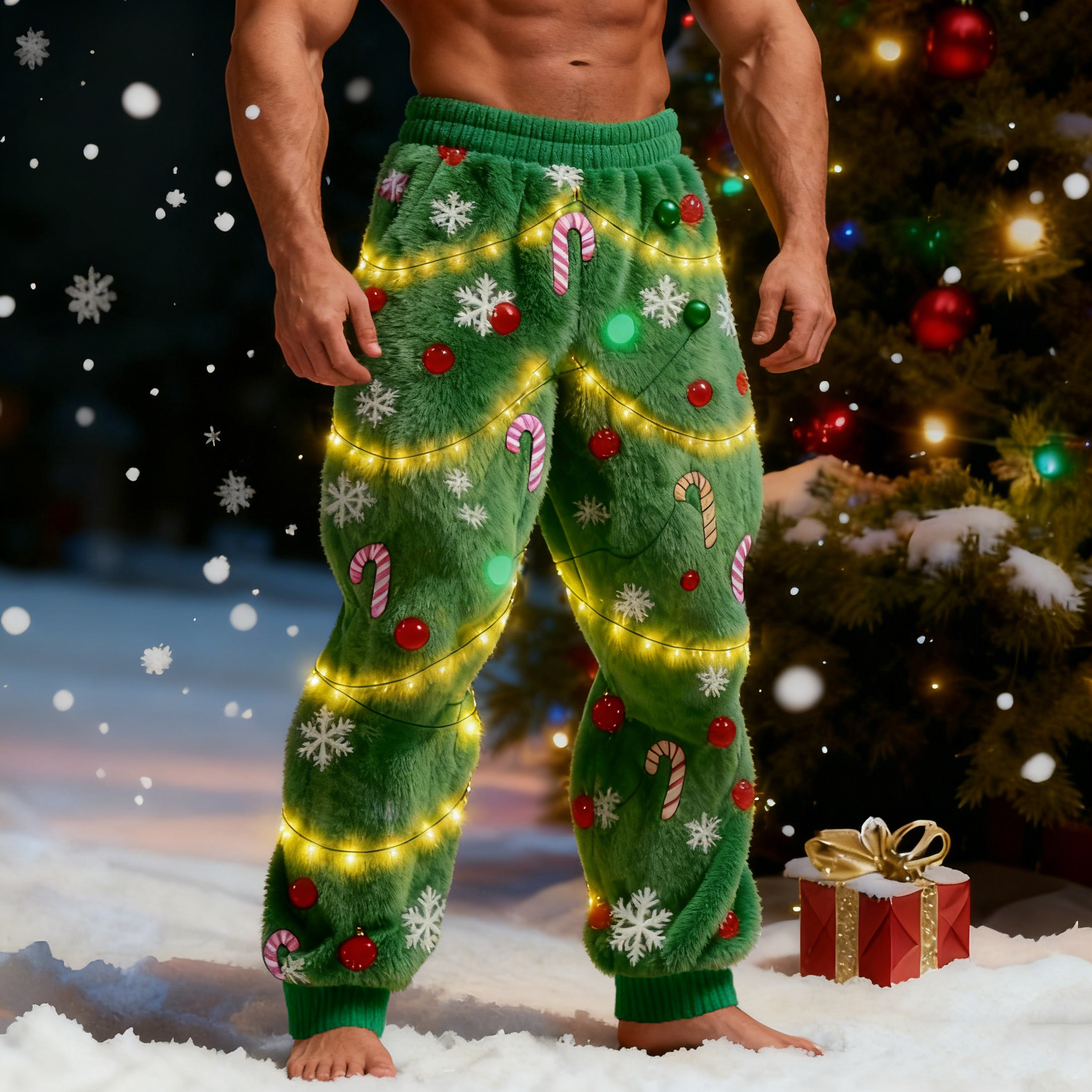 Men's Christmas Tree Lights Cosplay Plush Casual Pants elevenforest