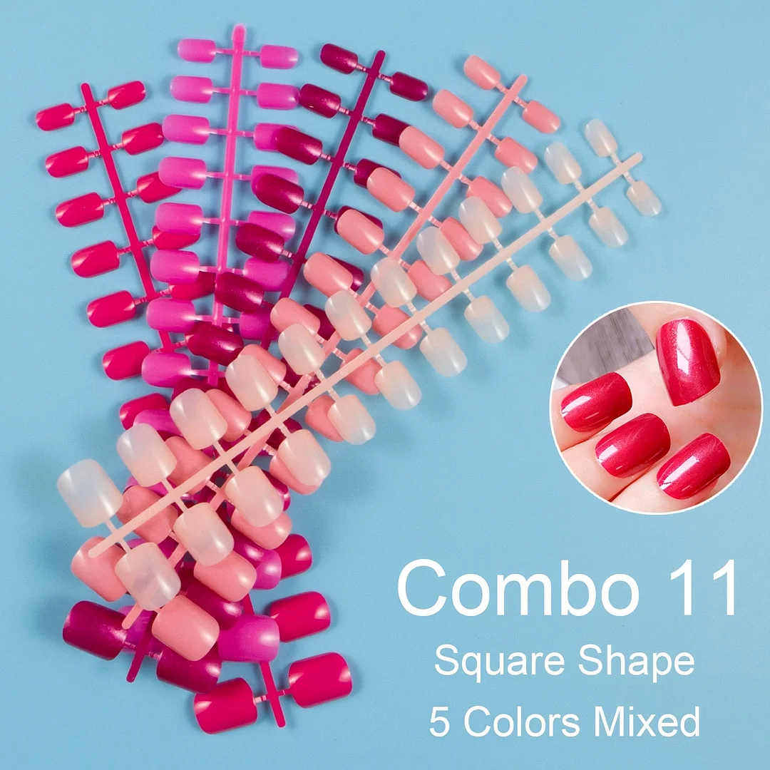 24 Pieces/Set, 5 Sets Mixed Colors Short Square False Nail Tips Press on Fake Nail Tips 10 Sizes Full Cover Nails Combo 09-Nail Inspo