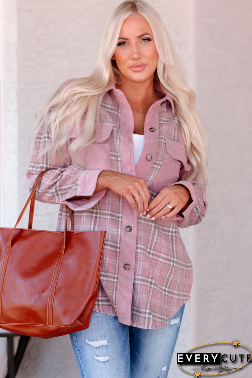 Pink Corduroy Plaid Pattern Shacket