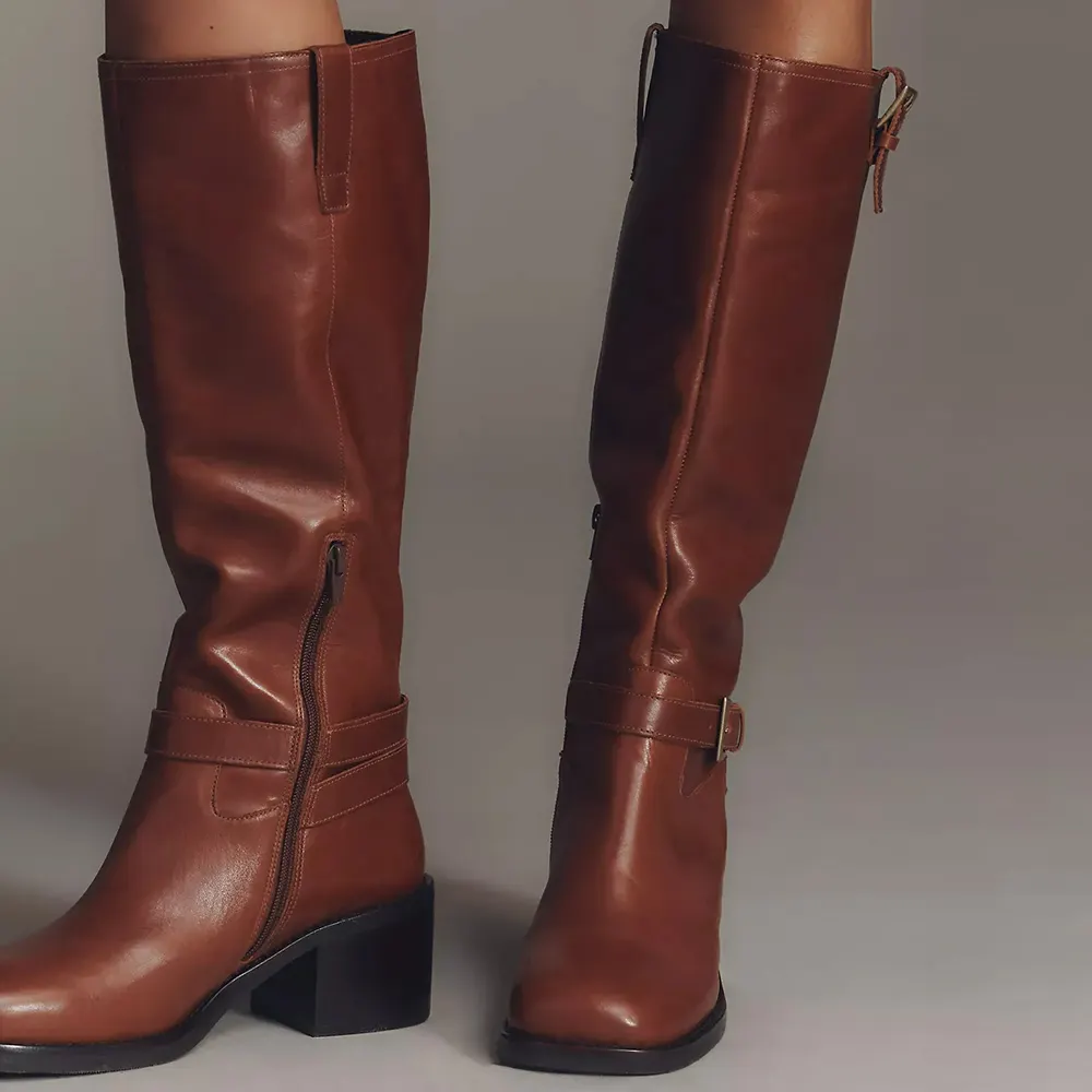 Brown Zipper Block Heel Square Toe Knee-High Riding Boots for Women
