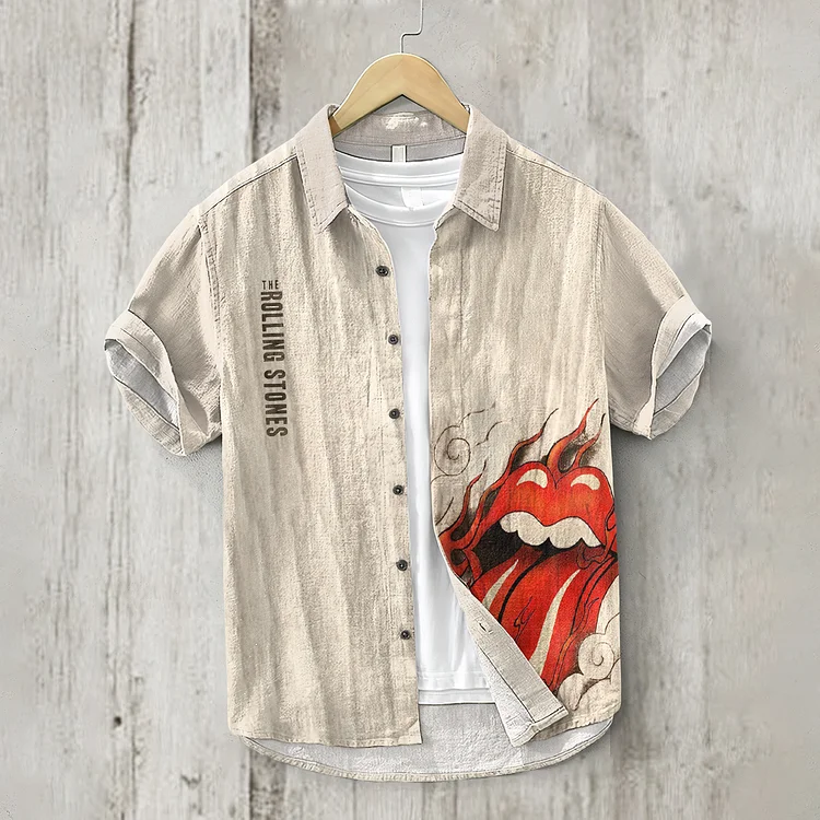 Retro Stones Japanese Art Flame Lip Pattern Linen Blend Shirt