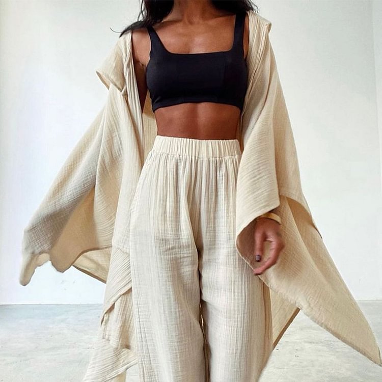 Cotton and Linen Hooded Solid Color Two Piece Set