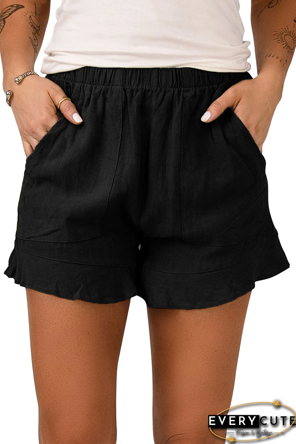 Black Linen Cotton Pocketed Flutter Shorts