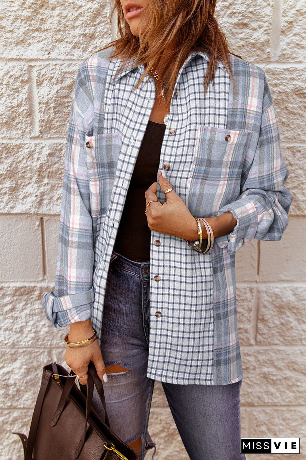 Plaid Color Block Pocket Button-up Long Sleeve Shirt