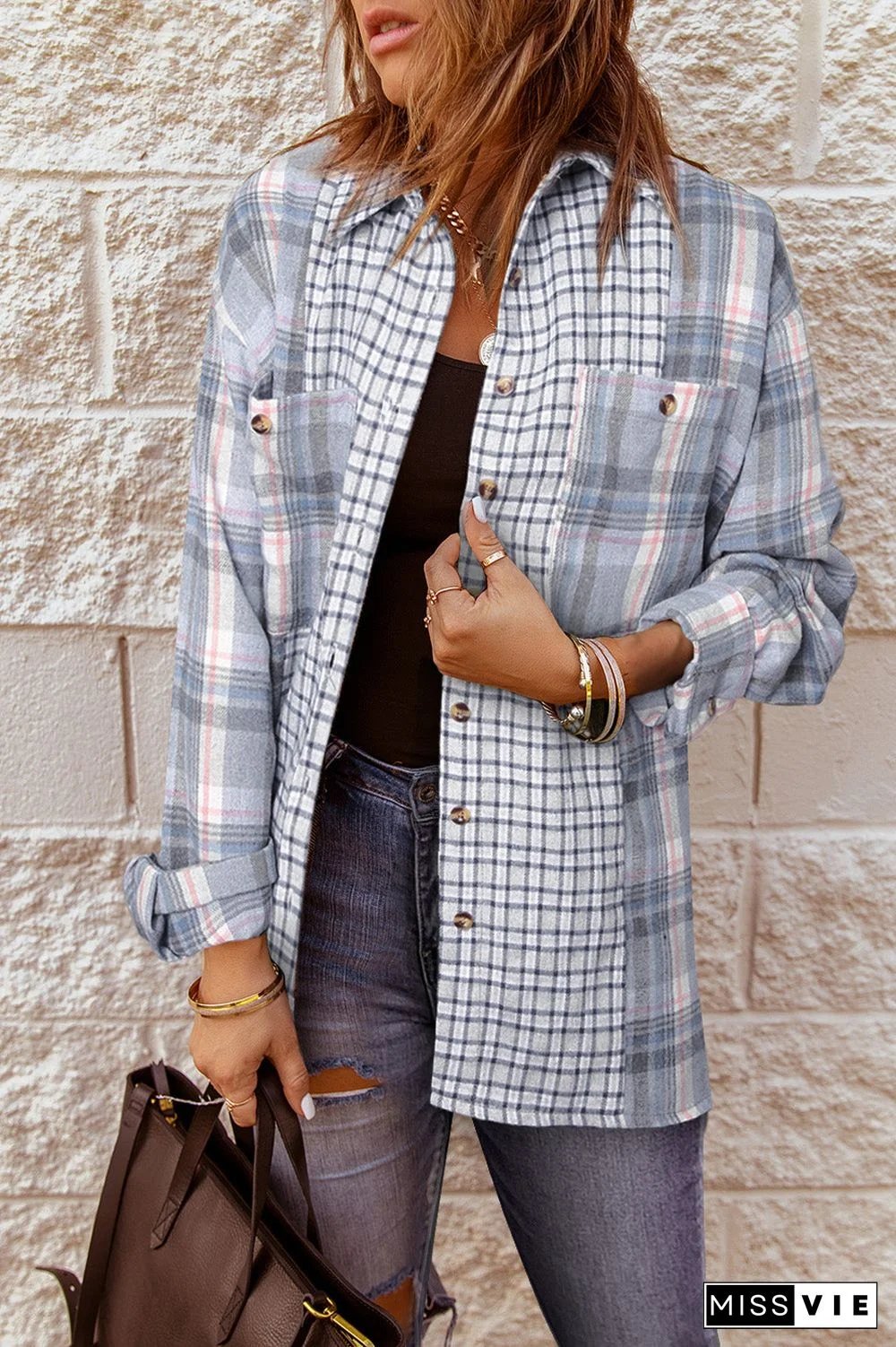 Plaid Color Block Pocket Button-up Long Sleeve Shirt