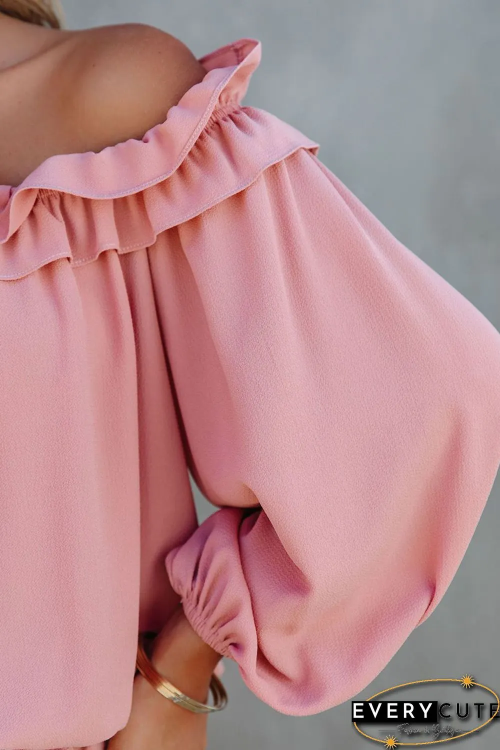 Pink Puff Sleeve Ruffled Off Shoulder Blouse