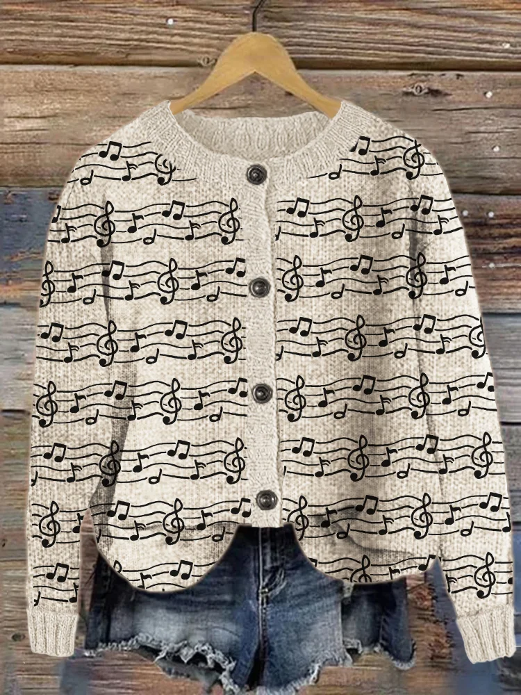 Comstylish Sheet Music Wave Pattern Cozy Knit Cardigan