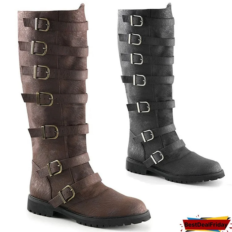 Steampunk Men's Vintage Pull-On Multi-Buckled Strap Knee High Boots Brown Black Distressed Medieval Pu Leather Boots Fashion Retro Knight Pirate Warrior Boots Renaissance Cosplay Stage Boots