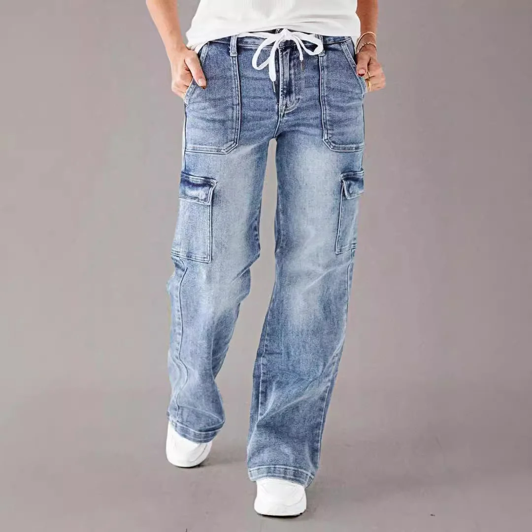 Women's Lace-up Jeans Loose Straight Casual Pocket Jeans