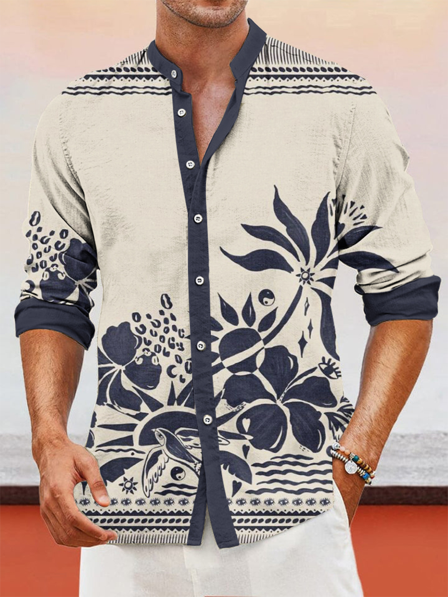 Men's Linen Design Printed Casual Long Sleeve Shirt / TECHWEAR CLUB / Techwear
