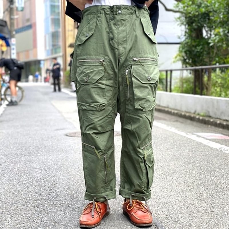 Retro Army Green Distressed Multi-pocket Loose Straight-leg Pants