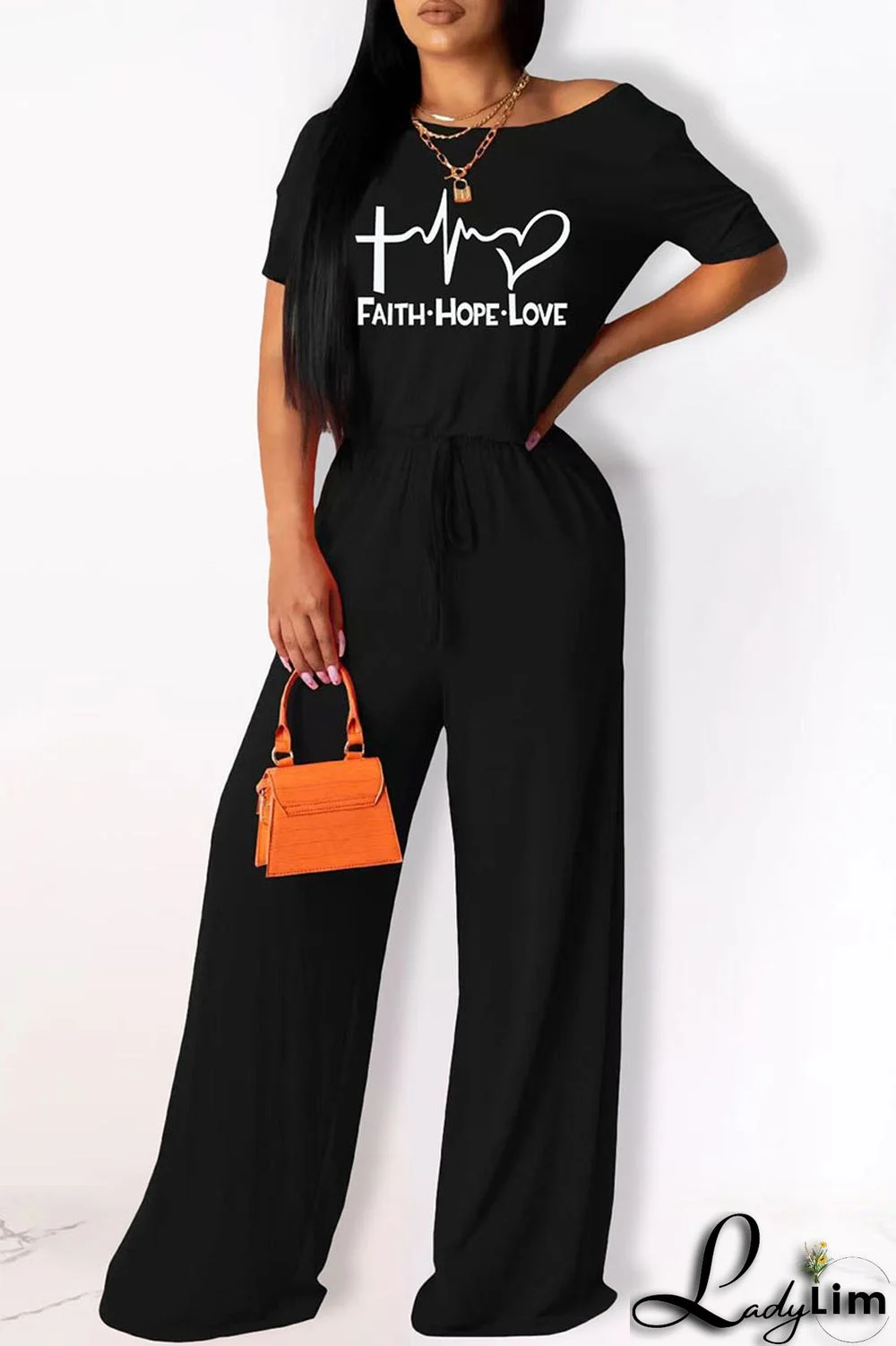 Black Casual Print Split Joint O Neck Straight Jumpsuits