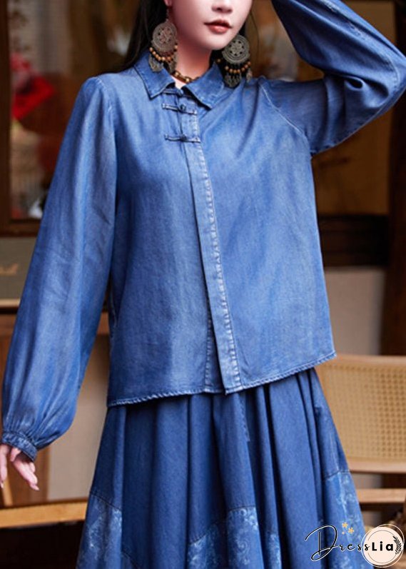 Women Blue Peter Pan Collar Patchwork Button Silk Cotton Denim Shirt Long Sleeve