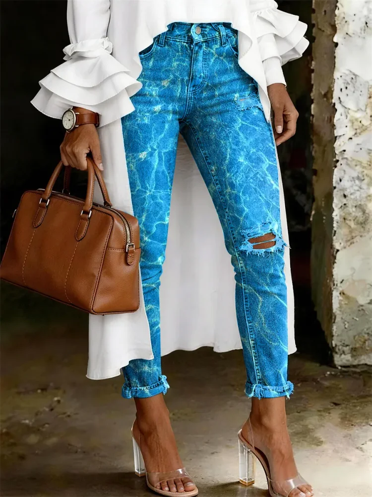 Women's Fashion Casual Art Print Ripped Skinny Jeans