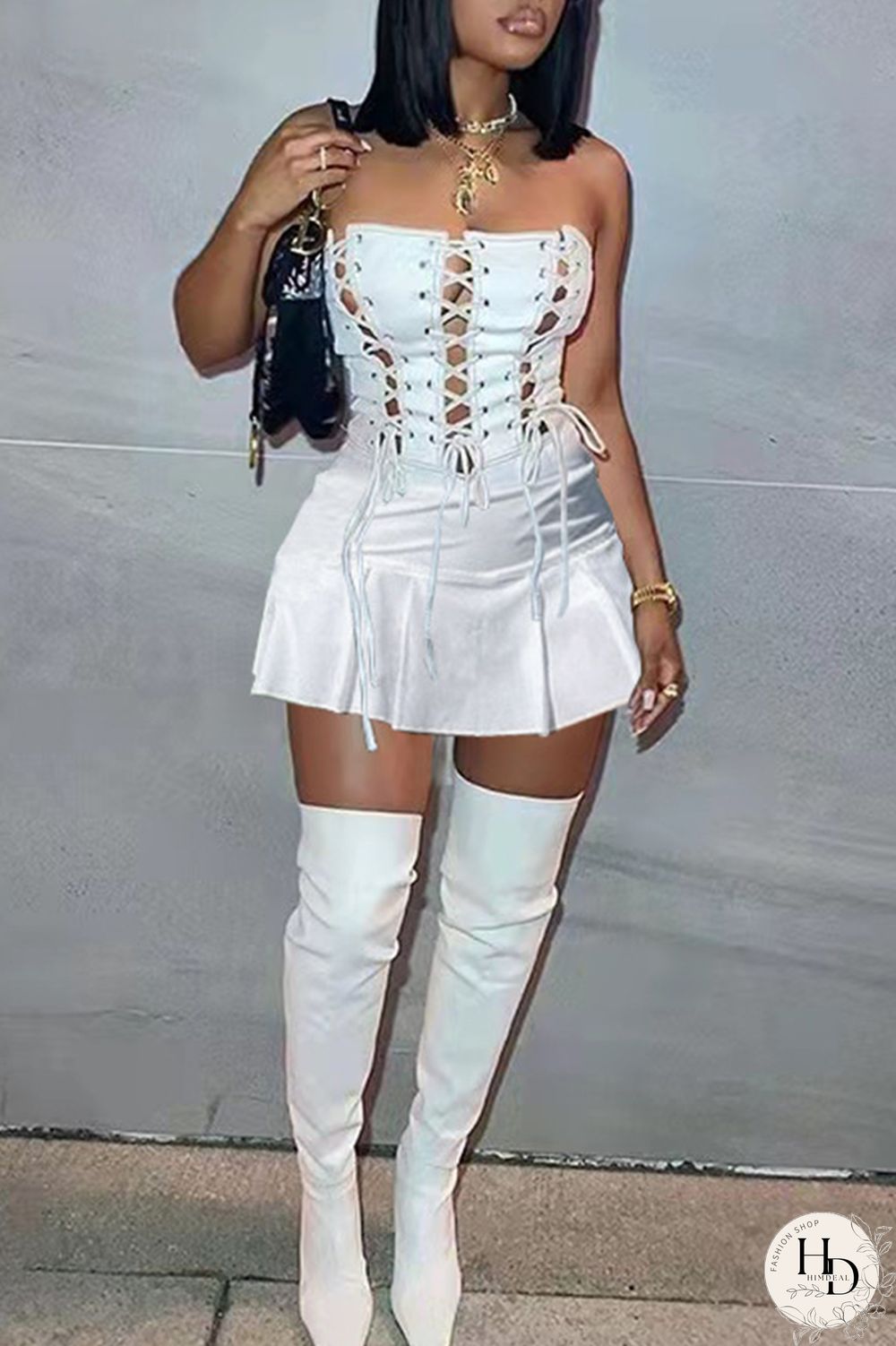 White Fashion Sexy Solid Backless Strap Design Strapless Sleeveless Dress Dresses