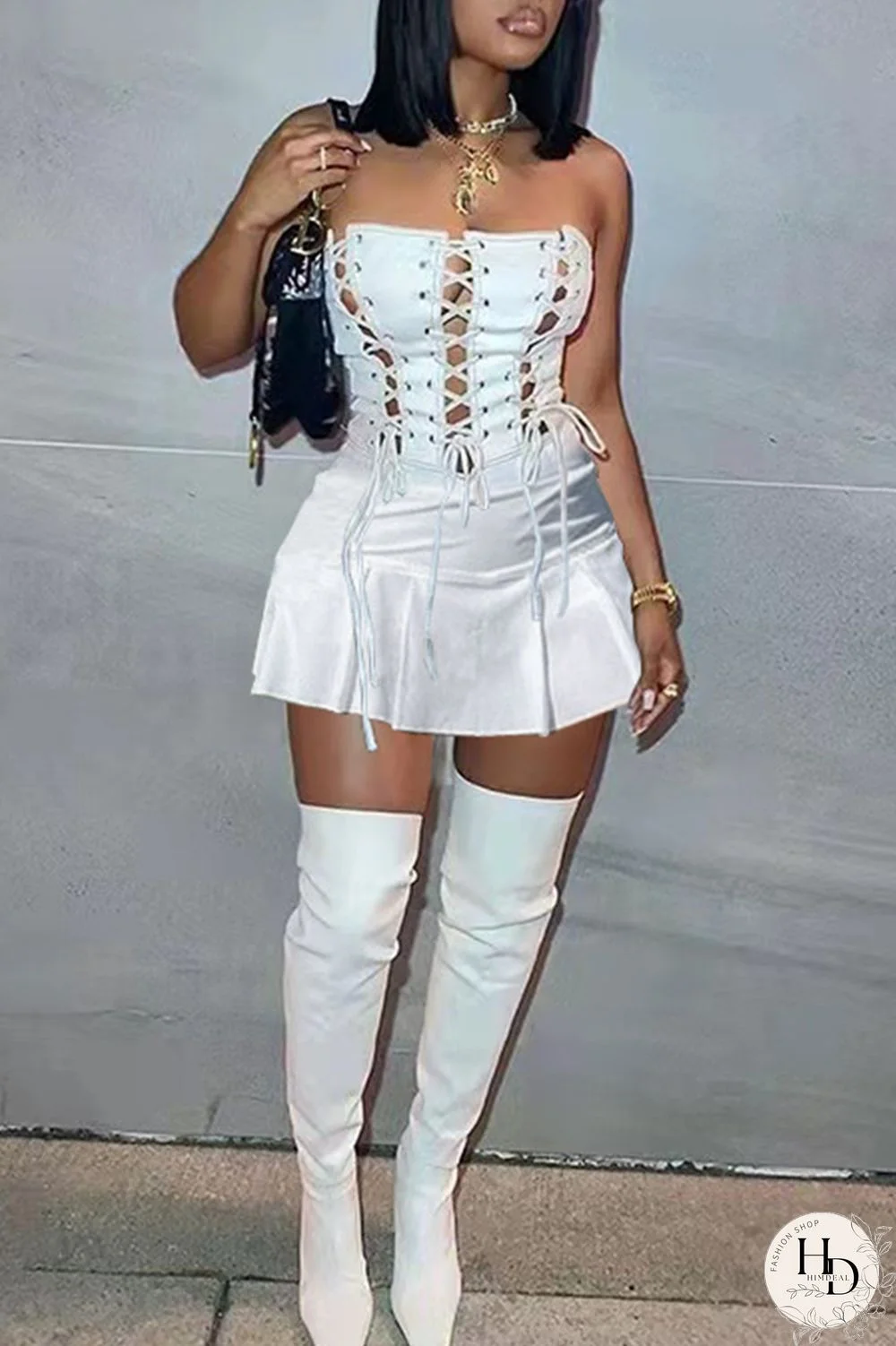 White Fashion Sexy Solid Backless Strap Design Strapless Sleeveless Dress Dresses