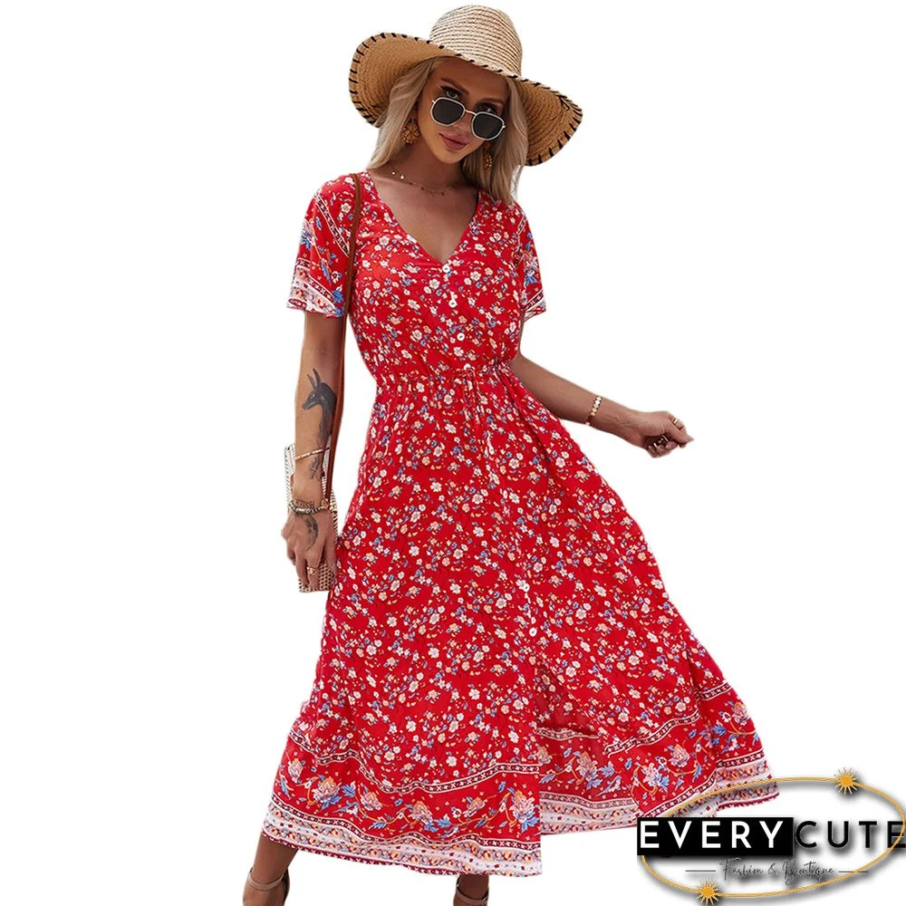 Red Floral Print Buttoned V Neck Casual Holiday Dress