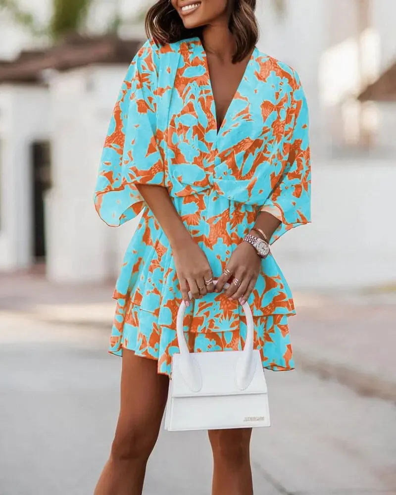 Women's Floral Print Kimono Sleeve Mini Dress